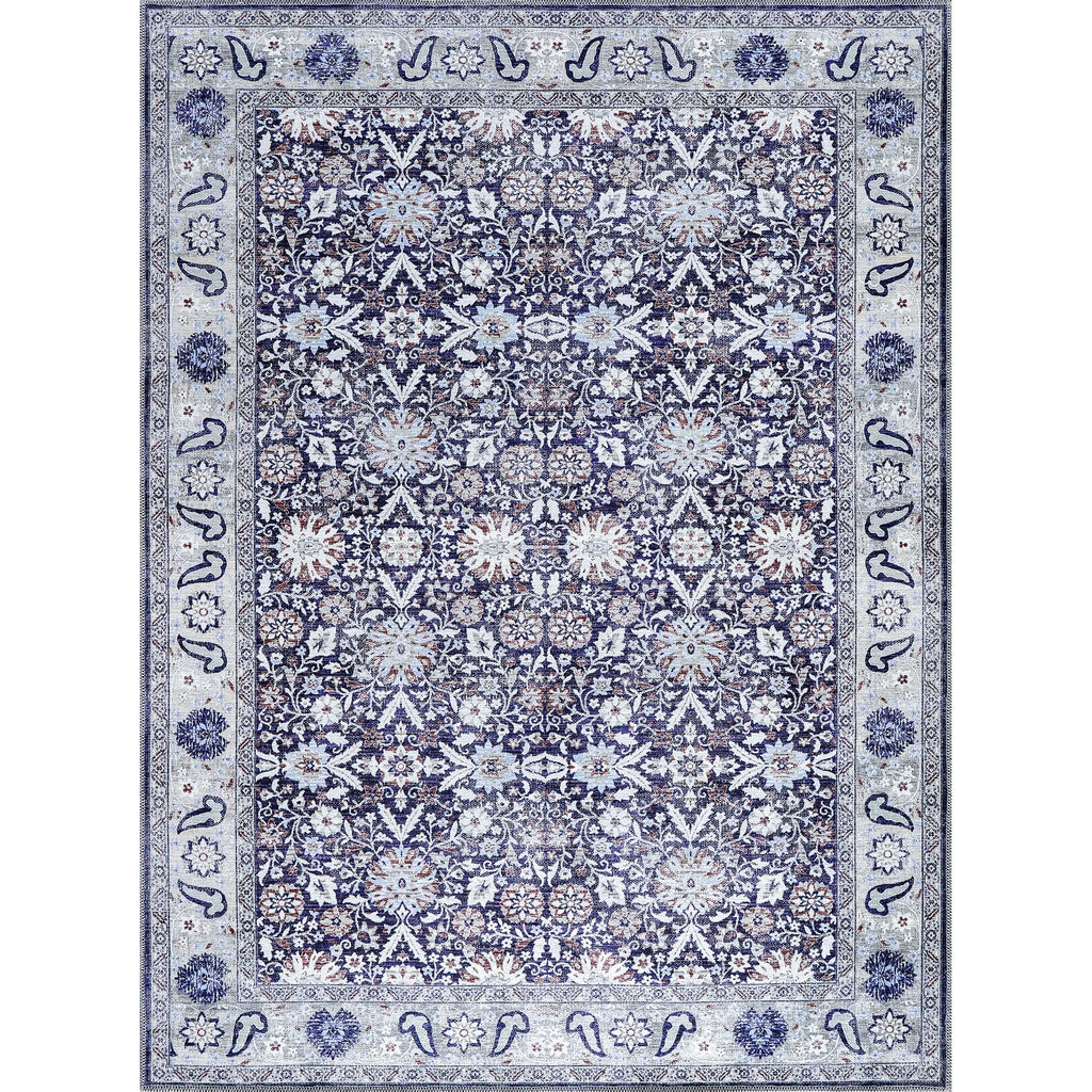 Machine Washable Area Rug Blue Thin Distressed Vintage Oriental Traditional Durable Easy to Clean Carpet Bedroom
