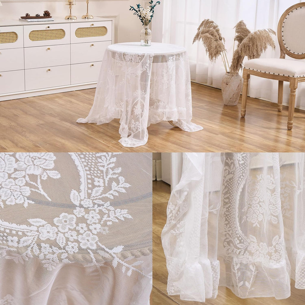 White Floral Embroidered Lace Square Tablecloth 55”x55” Vintage Table Cover (White, 55”x55”, Square)