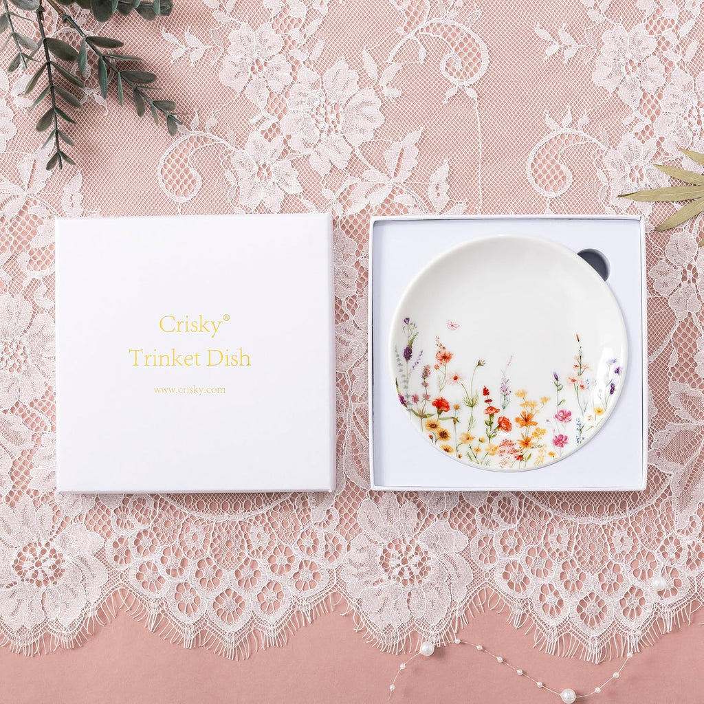 Flower Trinket Dish Jewelry Tray & Gift Box, Ceramic Ring Dish for Rings Earrings Necklaces Keys, Bridal Shower