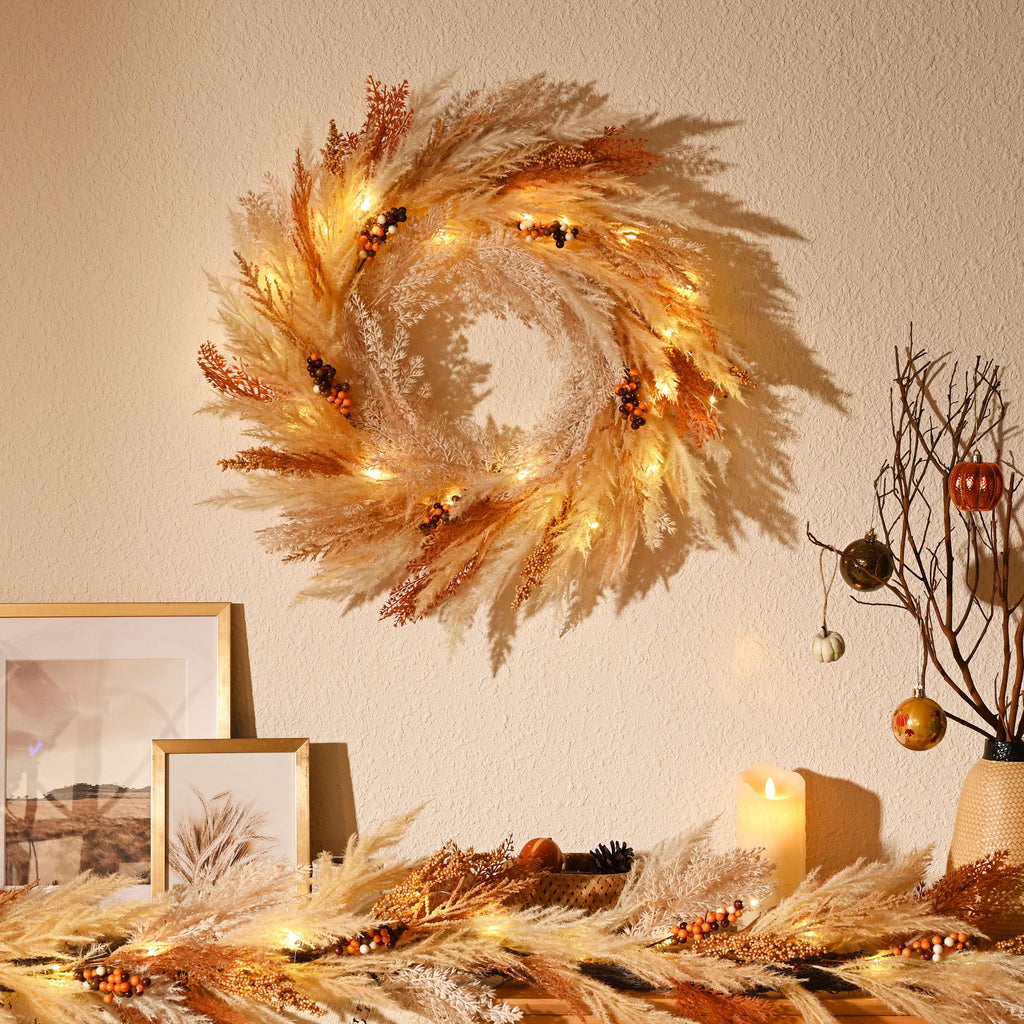 24'' Neutral Fall Pampas Wreath with Lights for Front Door