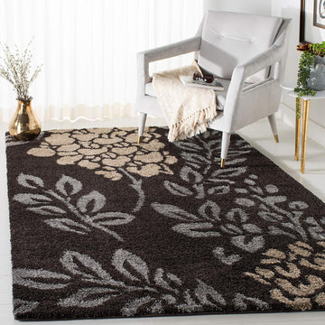 Florida Shag Collection Area Rug - 4' Square, Dark Brown & Grey, Floral Design, Non-Shedding & Easy Care, 1.2-inch