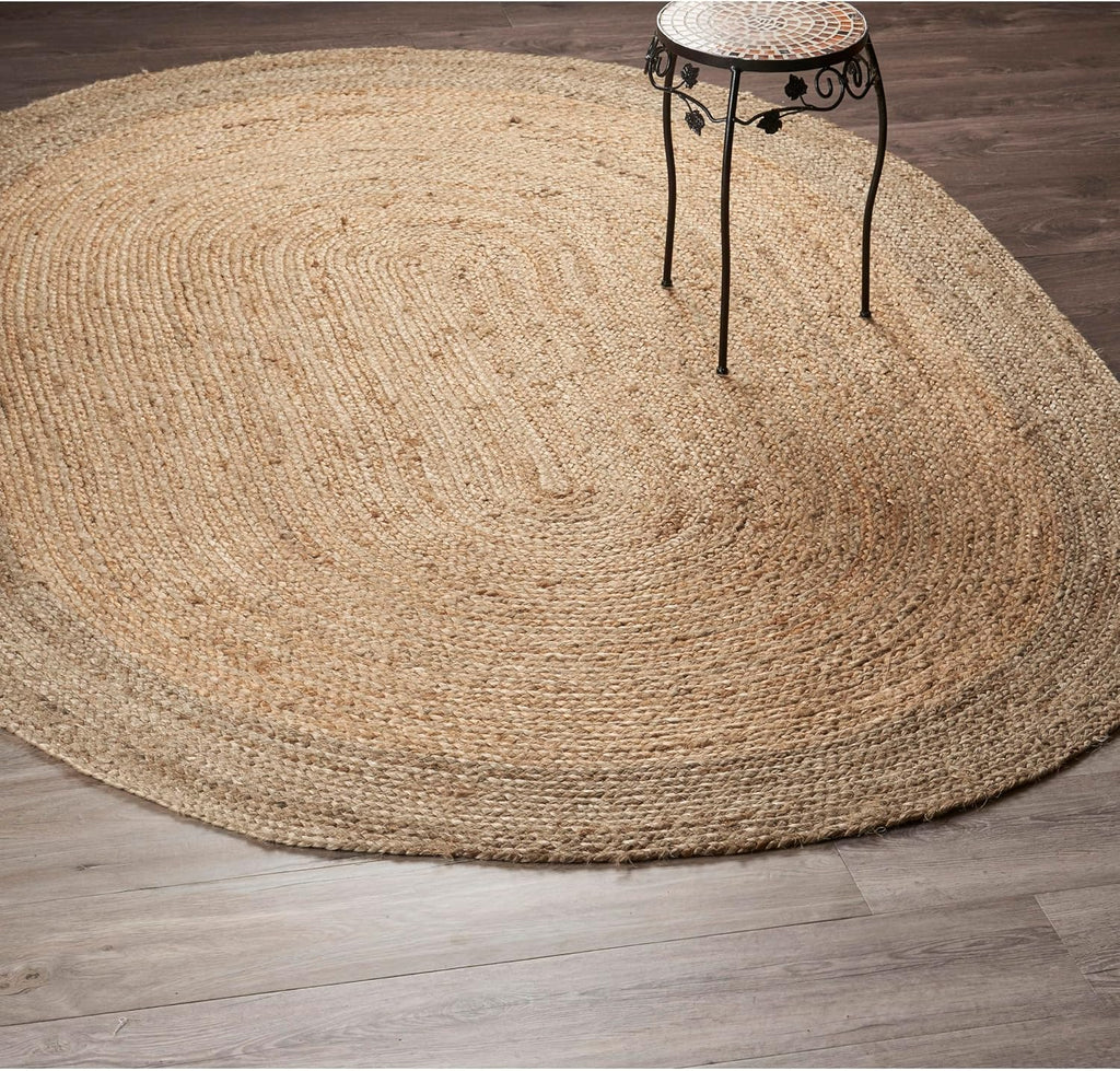 LR Home Natural Jute 7x9 Oval Area Rug Decor | Braided Rugs, Playroom | Bohemian Farmhouse Indoor Rug for Room Decor