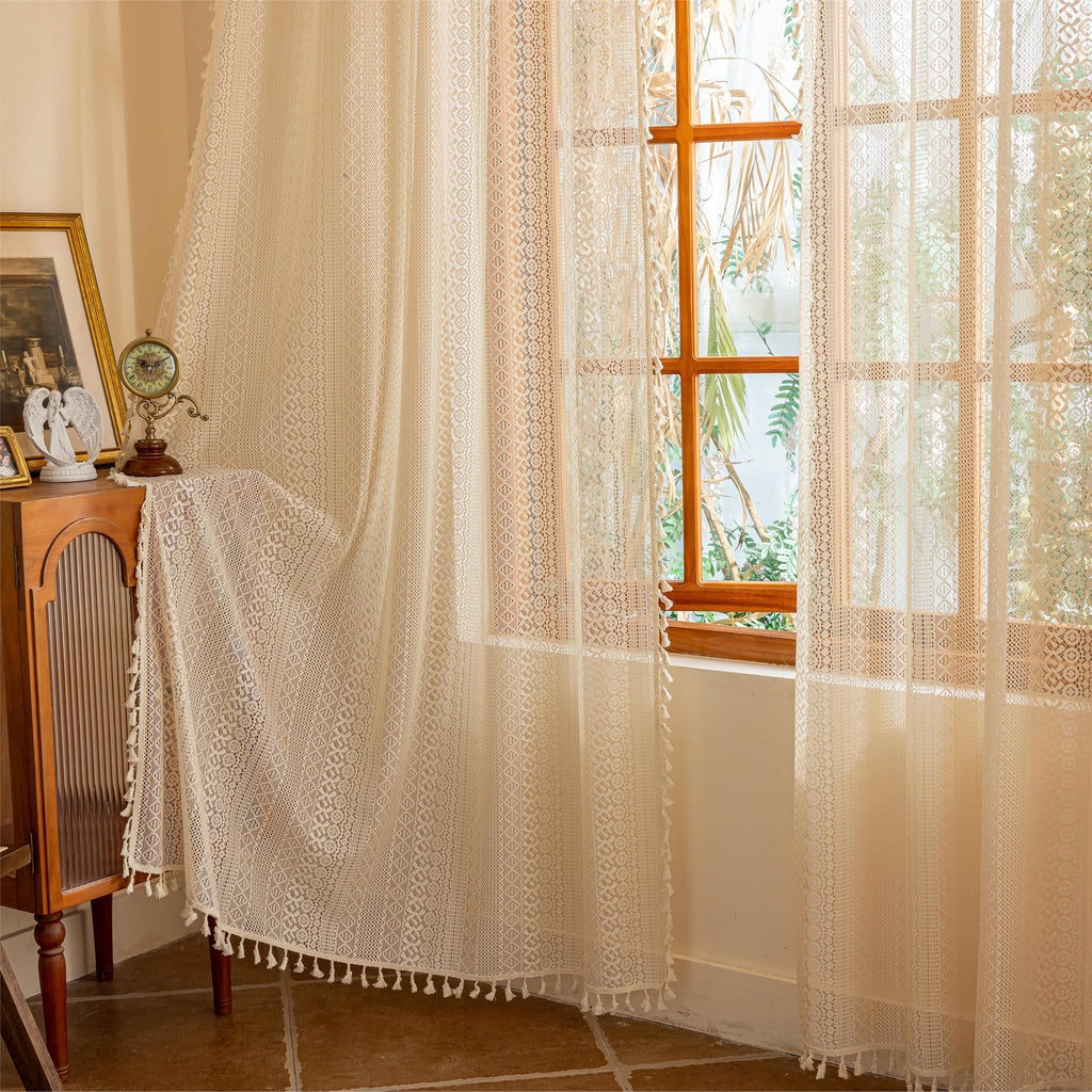 Beige Boho Lace Curtains 84 inches Long, Crochet Macrame Bohemian Drape Farmhouse Vintage Chic Tassels, Cream Sheer