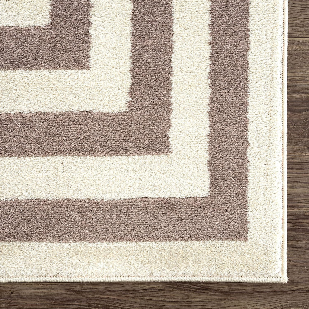 Contemporary Beige & Ivory Area Rug, Contrasting Geometric Modern Stripe Symmetrical Living Room