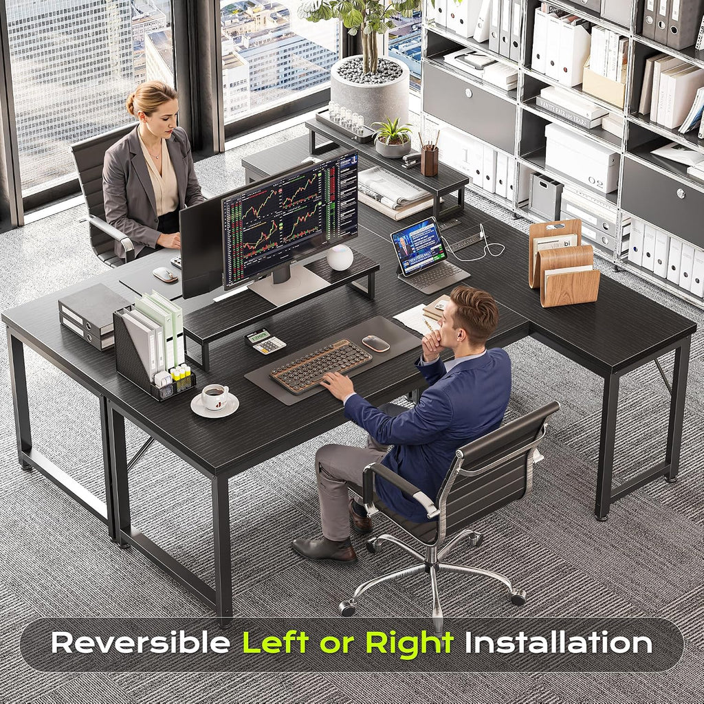 53" L Shaped Computer Desk, Power Outlets, Monitor Stand, Black | USB-C Ports, Reversible Charging Station, Spacious