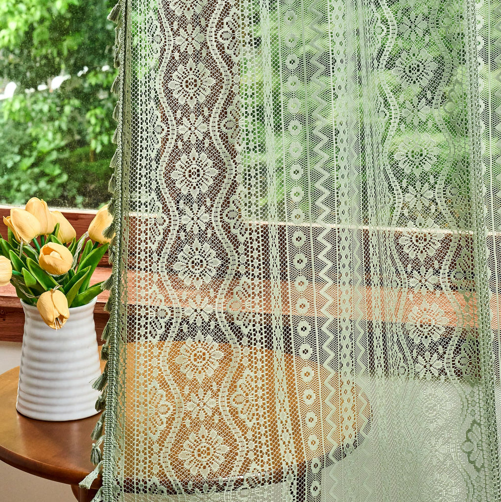 Sage Green Boho Lace Curtains with Tassel 90 Inch Length 2 Panels Vintage Floral Bohemian Crochet Geometry Striped