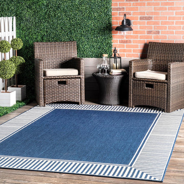 Asha Navy Bordered Power Loomed Indoor/Outdoor Area Rug