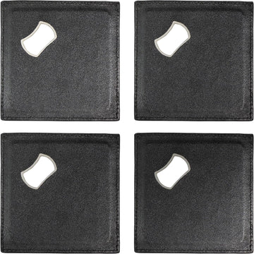 Dual Function Coasters with Built-in Bottle Opener, Stainless Steel & PU Leather Drink Coasters for Tabletop - Set of 4