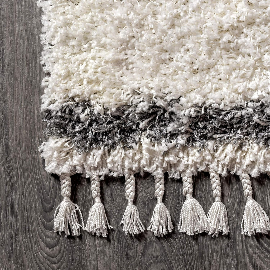 Mercer Shag Plush Tassel Cream/Gray Indoor Area Rug, Moroccan Geometric Trellis, Bohemian, Easy-Cleaning, Pet