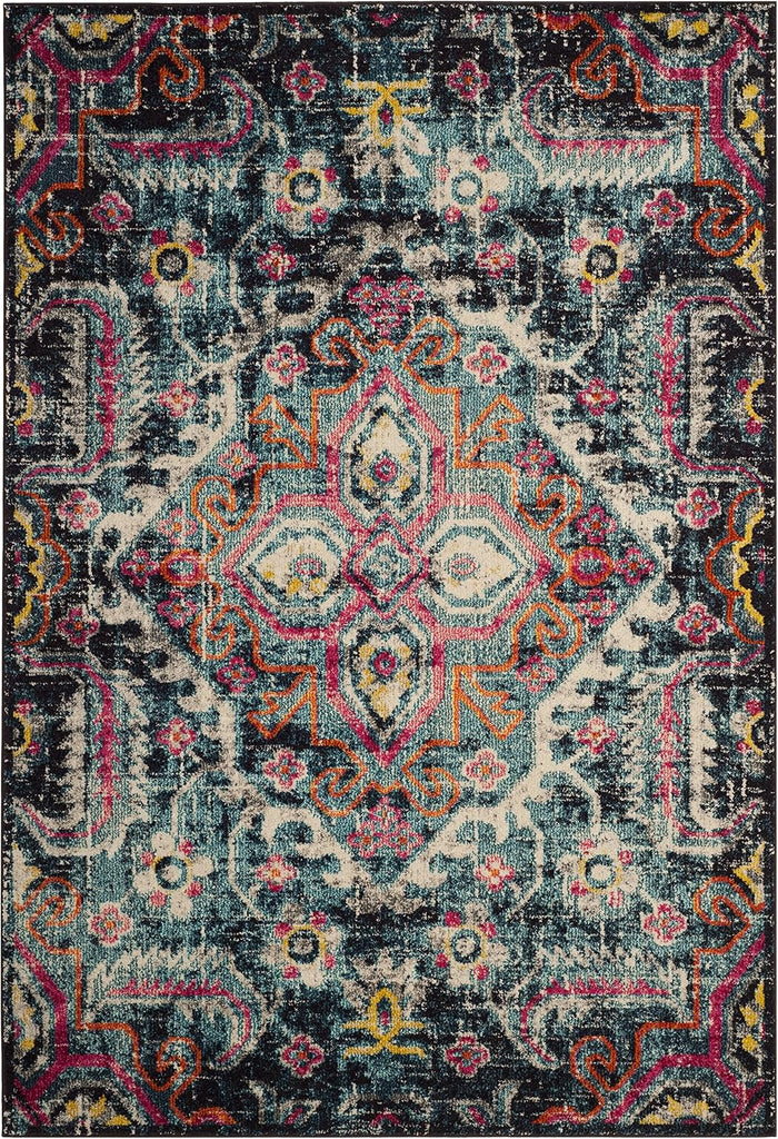 Monaco Collection Area Rug, Blue & Fuchsia, Boho Chic Medallion Distressed Design, Non-Shedding & Easy