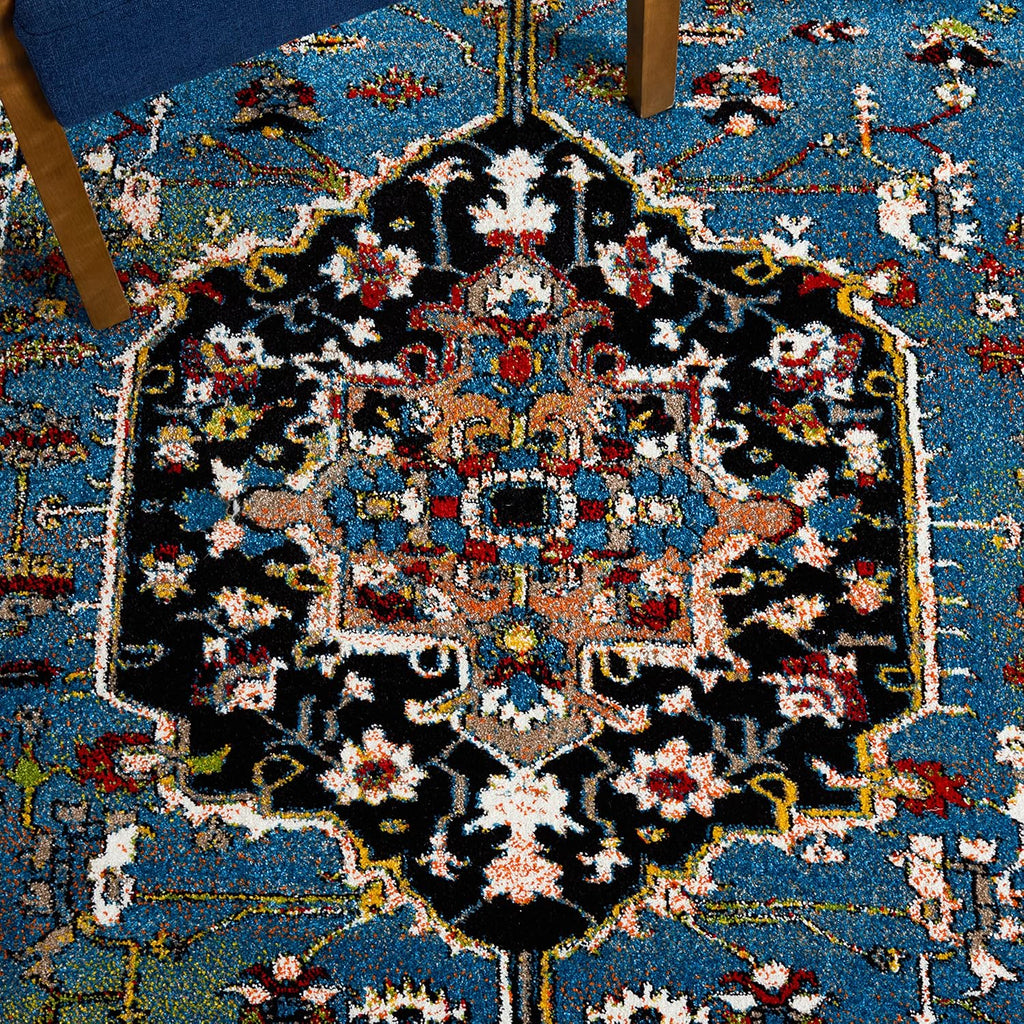 Vintage Hamadan Collection Area Rug, Blue & Red, Traditional Oriental Medallion Design, Non-Shedding &