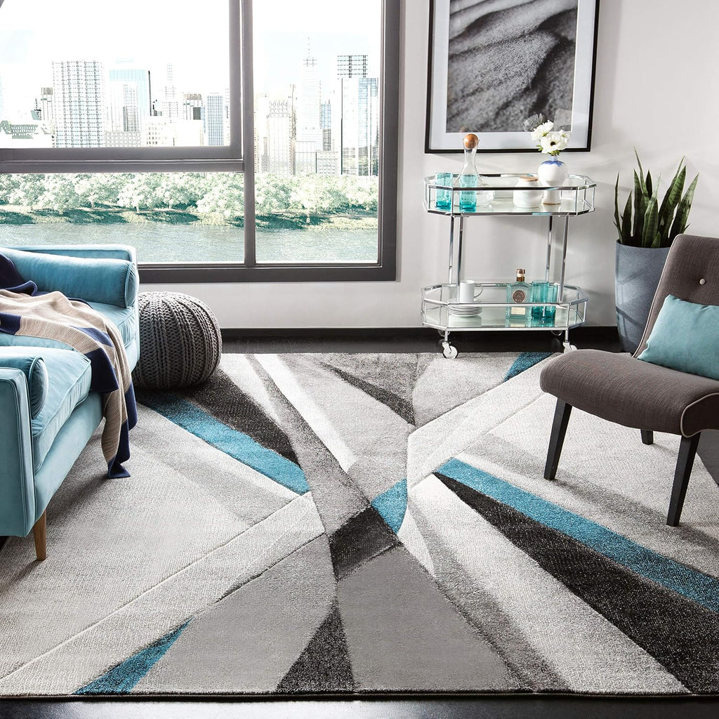 Hollywood Area Rug - 9' x 12', Grey & Teal, Mid-Century Modern Design, Non-Shedding & Easy Care