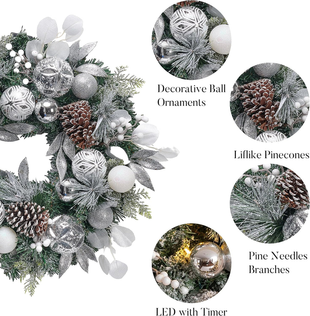 24'' Pre-Lit Christmas Wreath for Front Door with Light, Large Lighted Outdoor Christmas Wreath with Silvery White