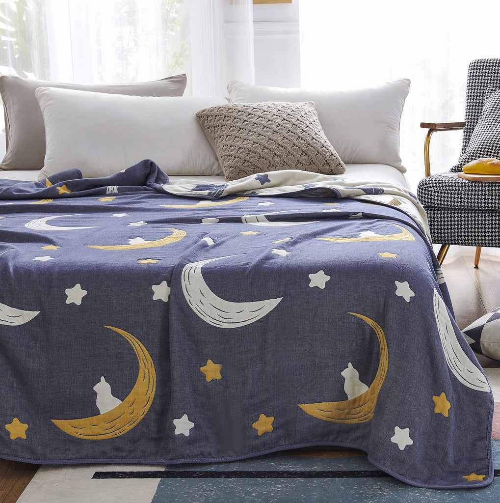 Bright Moon Stars Muslin Wrap Blanket Reversible 100% Cotton 6 Layer Quilt Bed Blanket Soft Warm Throw Sofa Couch