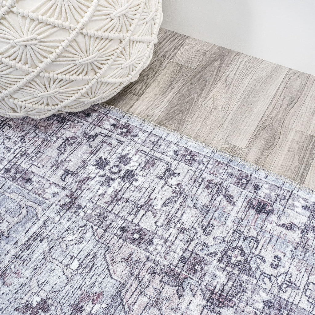 Machine Washable Gray/Purple Round Area Rug 8 ft, Didim Boho Medallion, Easy-Cleaning, High Traffic, Pet-Friendly