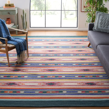 Area Rug - Cotton Kilim Collection - Large - Blue & Ivory, Handmade Cotton, Southwestern Boho Tribal Design