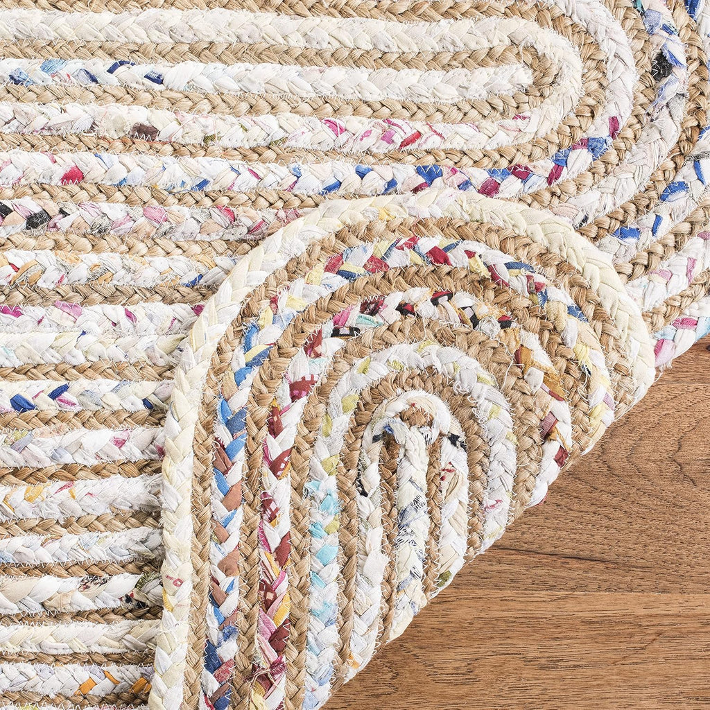 Cape Cod Collection Area Rug - 6' Square, Ivory & Multi, Handmade Braided Jute & Cotton, Ideal for High Traffic Areas