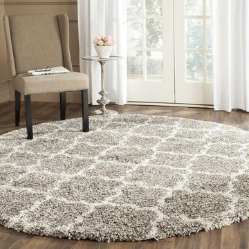 Hudson Shag Collection Area Rug - 5' Round, Grey & Ivory, Moroccan Trellis Design, Non-Shedding & Easy Care, 2-inch