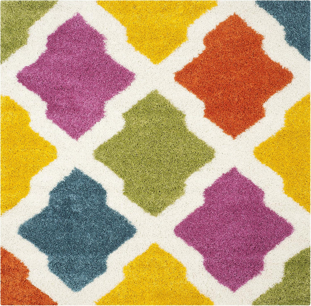 Kids Shag Collection Area Rug - 6'7" Square, Ivory & Multi, Rainbow Trellis Design, Non-Shedding & Easy Care, 2-inch