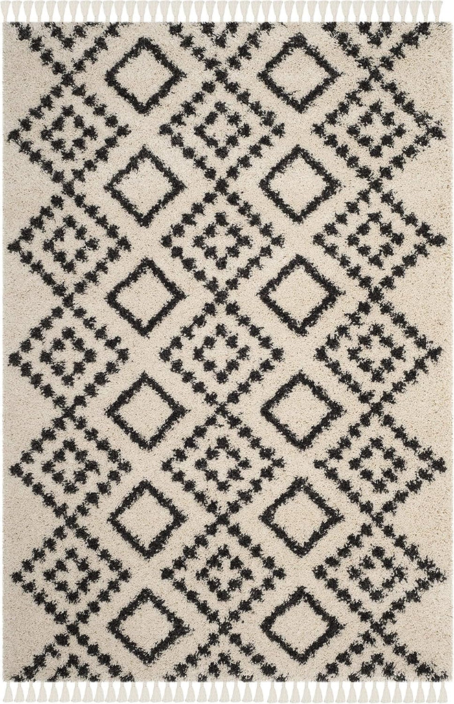 Moroccan Fringe Shag Collection Accent Rug - 4' x 6', Cream & Charcoal, Tribal, Non-Shedding & Easy Care, 2-inch