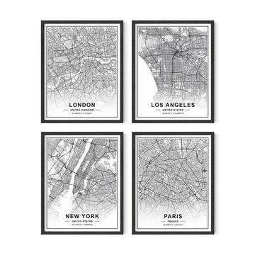 Black and White Wall - Set of 4 City Map Pictures, Paris Wall Decor, New York City Wall, London Print, Los Angeles