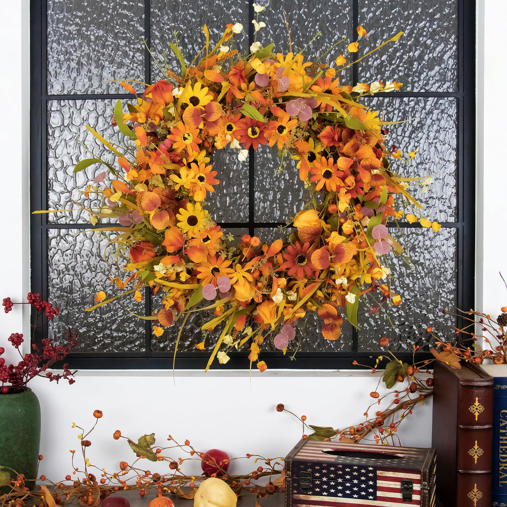 20" Fall Wreaths for Front Door Artificial Fall Wreath Floral Autumn Wreath with Colorful Daisies Orange Foliage for