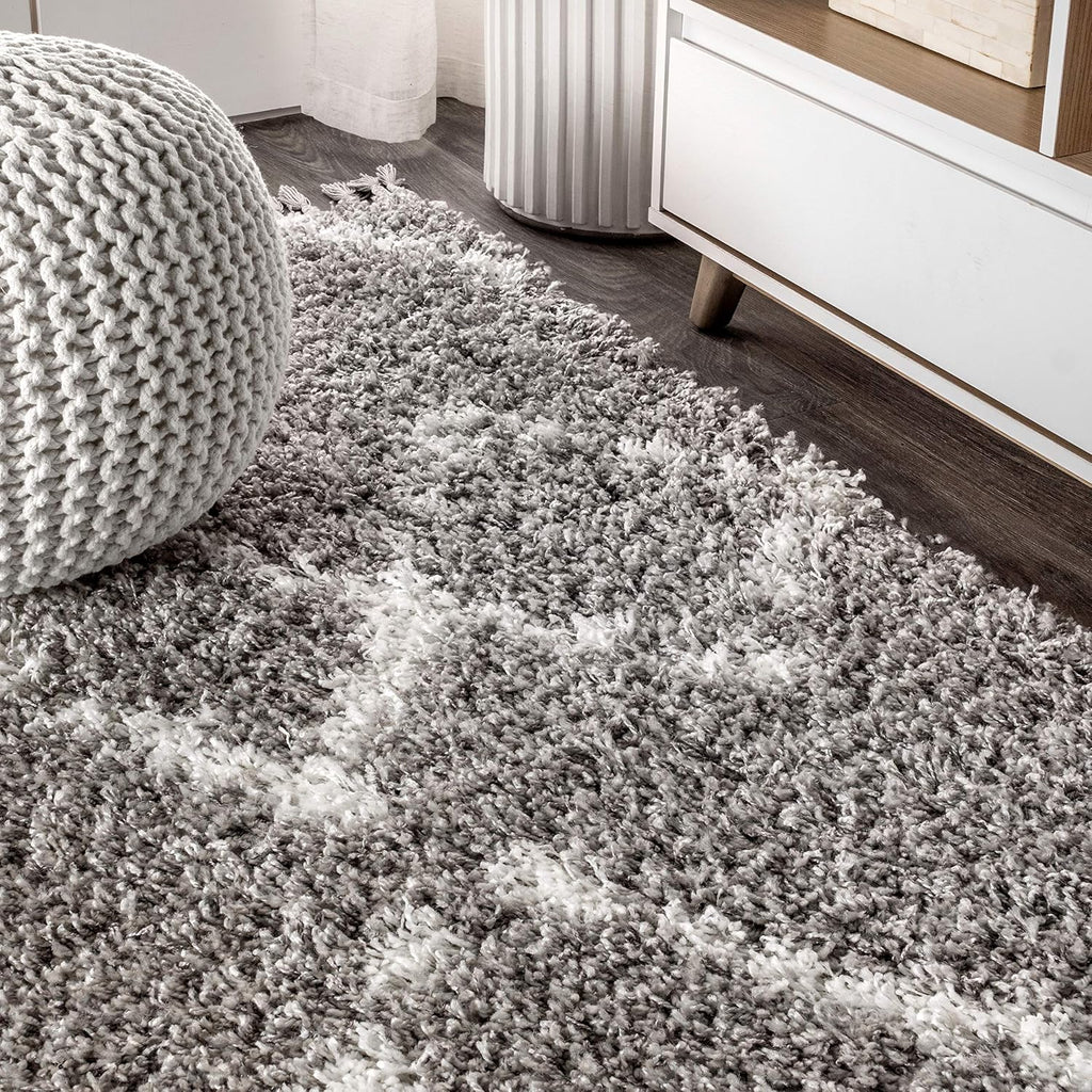 Mercer Shag Plush Tassel Gray/Ivory Indoor Area Rug, Moroccan Geometric Trellis, Contemporary, Easy-Cleaning