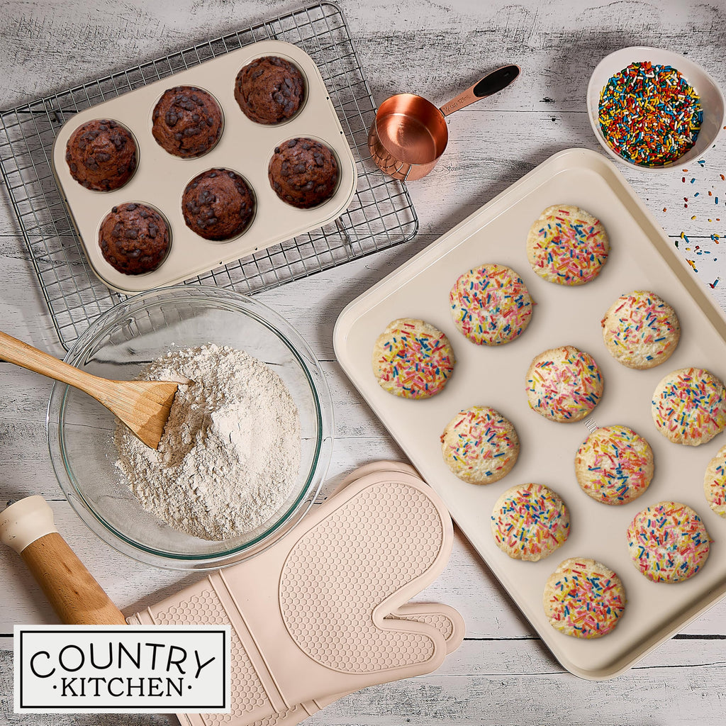 Nonstick Stackable Bakeware Set - Deluxe Heavy Duty, Durable, Easy Release Baking Set, Taupe, 13 Pcs with Handles