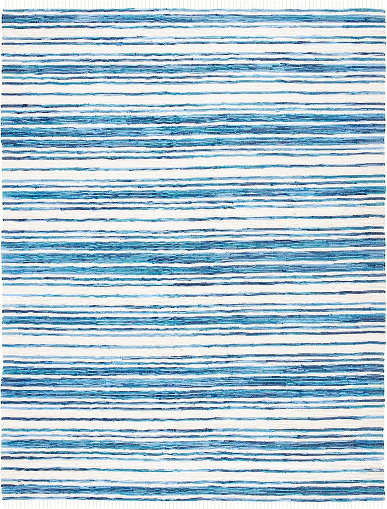 Area Rug 8x10 - Rag Collection - Large - Ivory & Blue, Handmade Cotton, Boho Stripe Pattern, Ideal, Dining Space