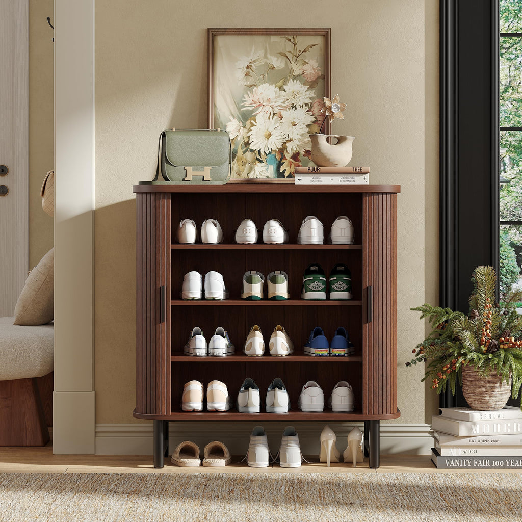 Shoe Storage Cabinet with Smooth Fluted Sliding Doors, 4-Tier Shoe Cabinet Storage, Narrow Hidden Shoe Rack for