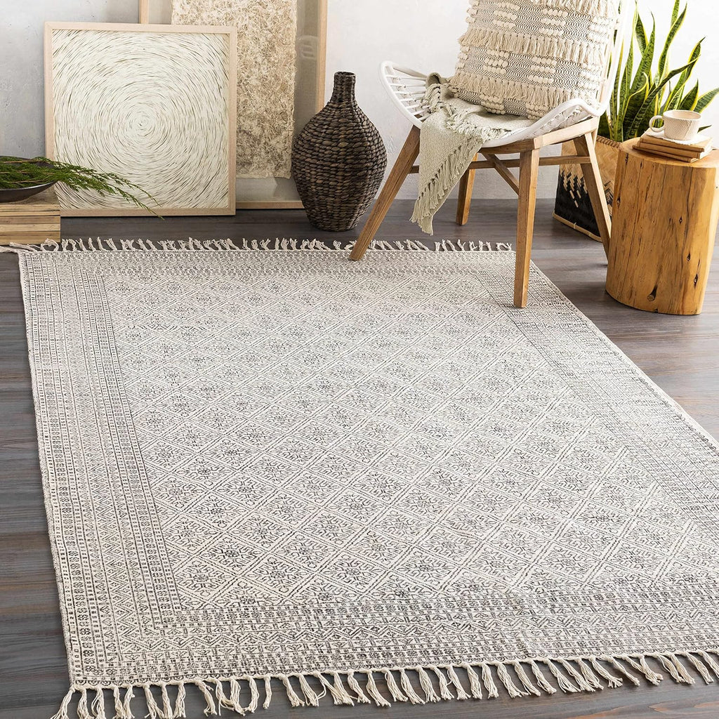 Geneva Living Room, Bedroom Area Rug - Geometric Diamond Border Lattice - Traditional Farmhouse Transitional Boho
