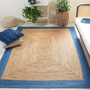 Natural Fiber Collection Area Rug - 6' Square, Natural & Blue, Handmade Flat Weave Boho Farmhouse Rustic Border Jute