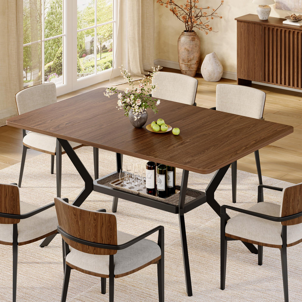 55 inch Dining Table for 4-6, Rectangle Kitchen Table with Storage Shelf, Space Saving Modern Farmhouse Design with