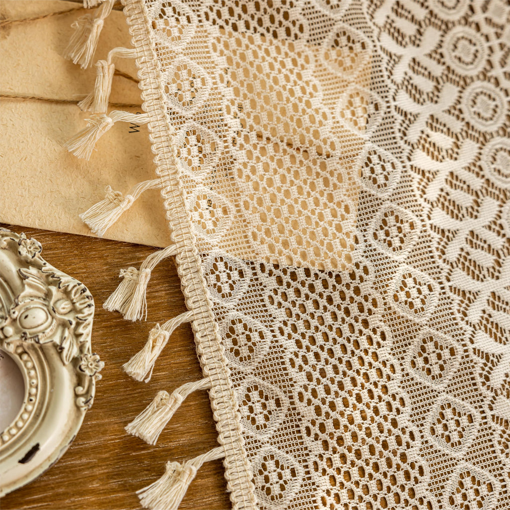 Beige Lace Boho Curtains 45 Inches 2 Panels, Semi Sheer Small Window Curtains Cafe Crochet Vintage Chic Country