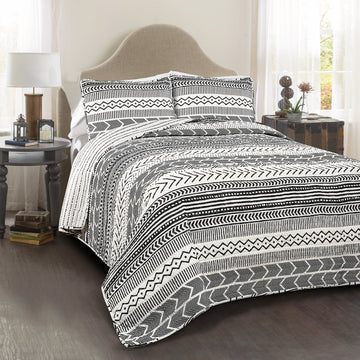 Hygge Geo Cotton Reversible Quilt, 3 Piece Set, King, Black/White - Geometric Striped Bedding Neutral Color - King
