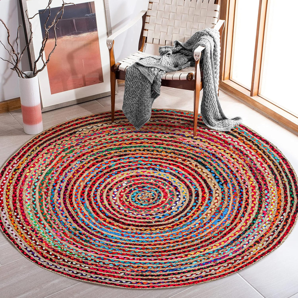 5' Round Handwoven Jute Chindi Area Rug - Colorful Round Boho Rugs | Rugs - Hand Braided Multicolor Bohemian Rug for