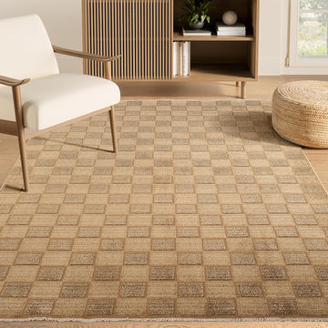 Evelyn Collection Brown Area Rug - - Modern Checkered Pattern, Non-Shedding - Easy to Clean, Durable s