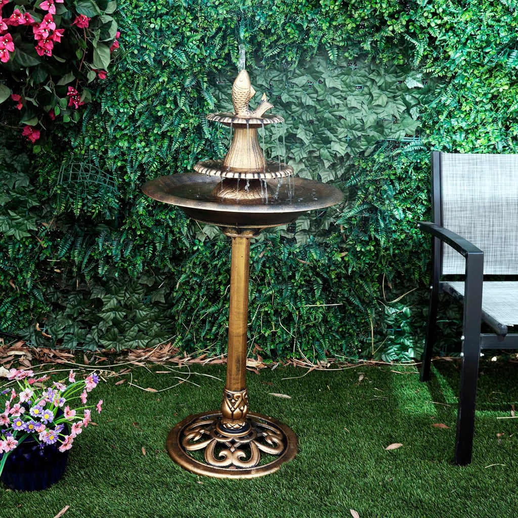40" Tiered Pedestal Fish Fountain Birdbath, Cascading Outdoor Water Feature Décor, Gold