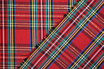 Double-Face 2-Sided Yarn-Dyed Taffeta Red Green Holiday Plaid with Metallic Gold 60" Wide Polyester/Lurex Fabric by