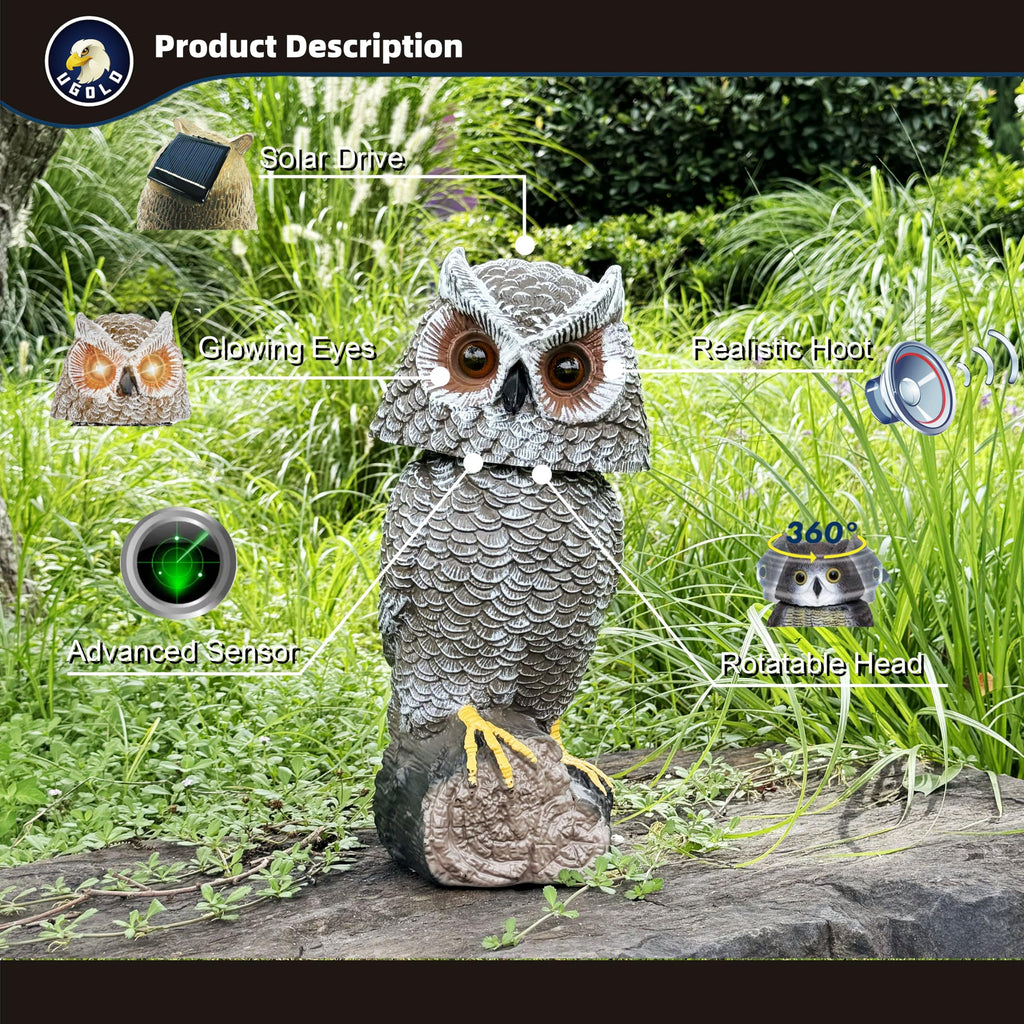 Solar Powered Garden Owl with Motion Detection, Rotating Head, Realistic Hoots and Silent Mode, Outdoor Statue and