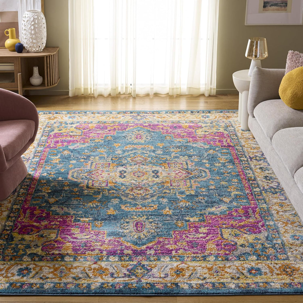 Madison Collection Area Rug - 10' x 14', Blue & Multi, Boho Chic Medallion Distressed Design, Non-Shedding & Easy