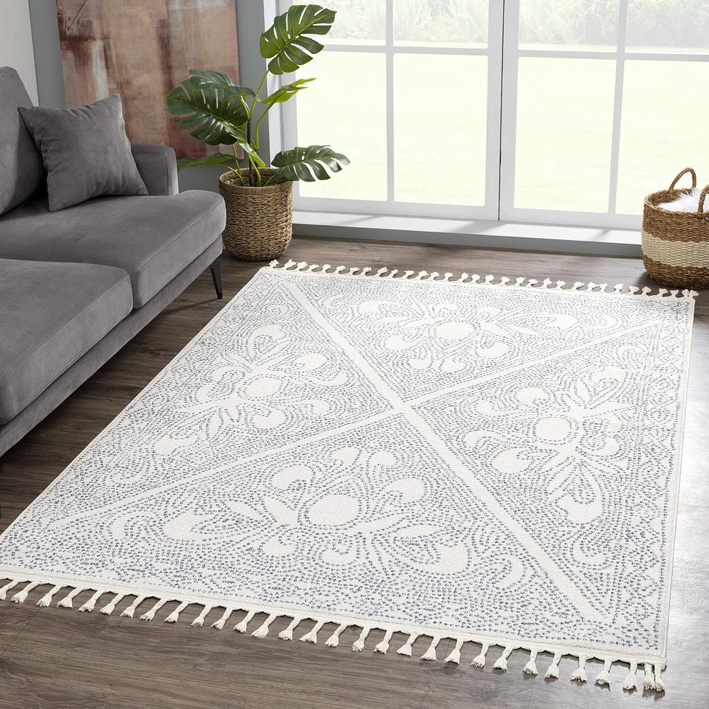 Birdwood Living Room, Bedroom Area Rug - Floral Geometric Diamond Border Mosaic - Scandinavian Traditional