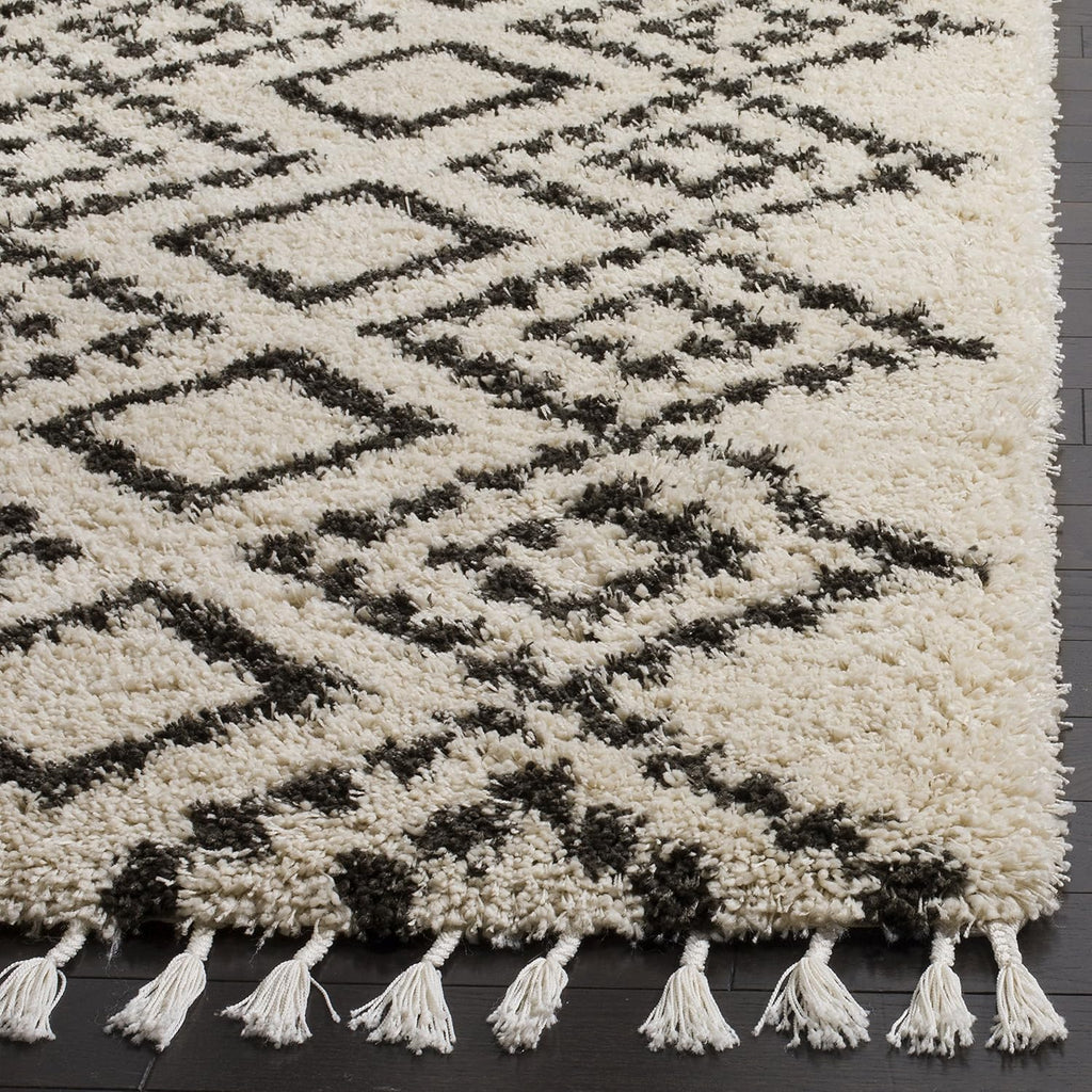 Moroccan Fringe Shag Collection Accent Rug - 4' x 6', Cream & Charcoal, Tribal, Non-Shedding & Easy Care, 2-inch
