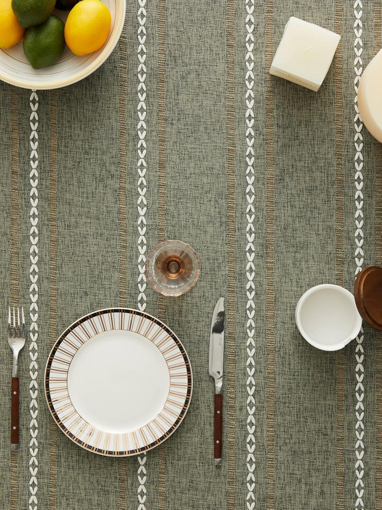 Hemstitched Embroidery Striped Boho Tablecloth 54x70 Inch Olive, Heavy Weight Farmhouse Burlap Linen