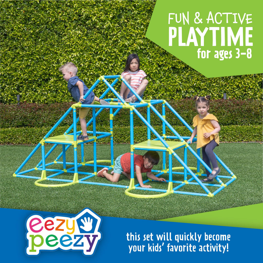 Mega Pyramid Monkey Bars Climbing Tower Active Outdoor Fun for Kids Ages 3 to 8 Years Old, Blue/Green