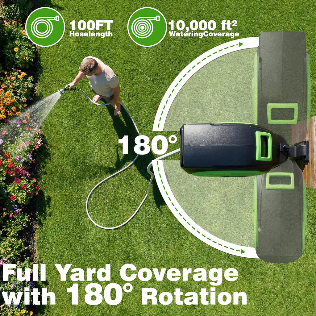 Retractable Garden Hose Reel 100FT x 1/2 in, Wall Mount Water Hose Reel for Outside with Auto Rewind, Tangle-Free
