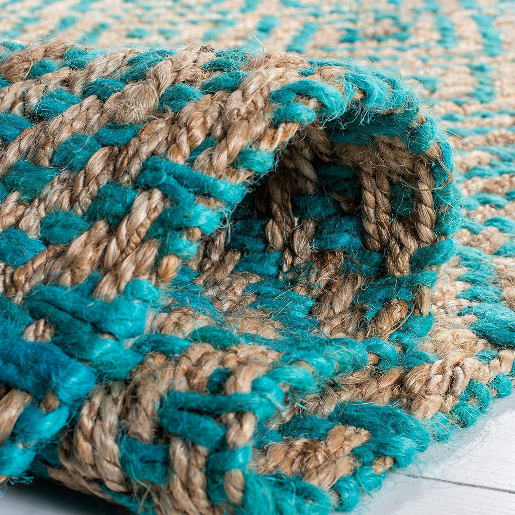 Natural Fiber Collection Area Rug - 6' Square, Turquoise & Natural, Handmade Boho Diamond Tassel Jute, Ideal for High