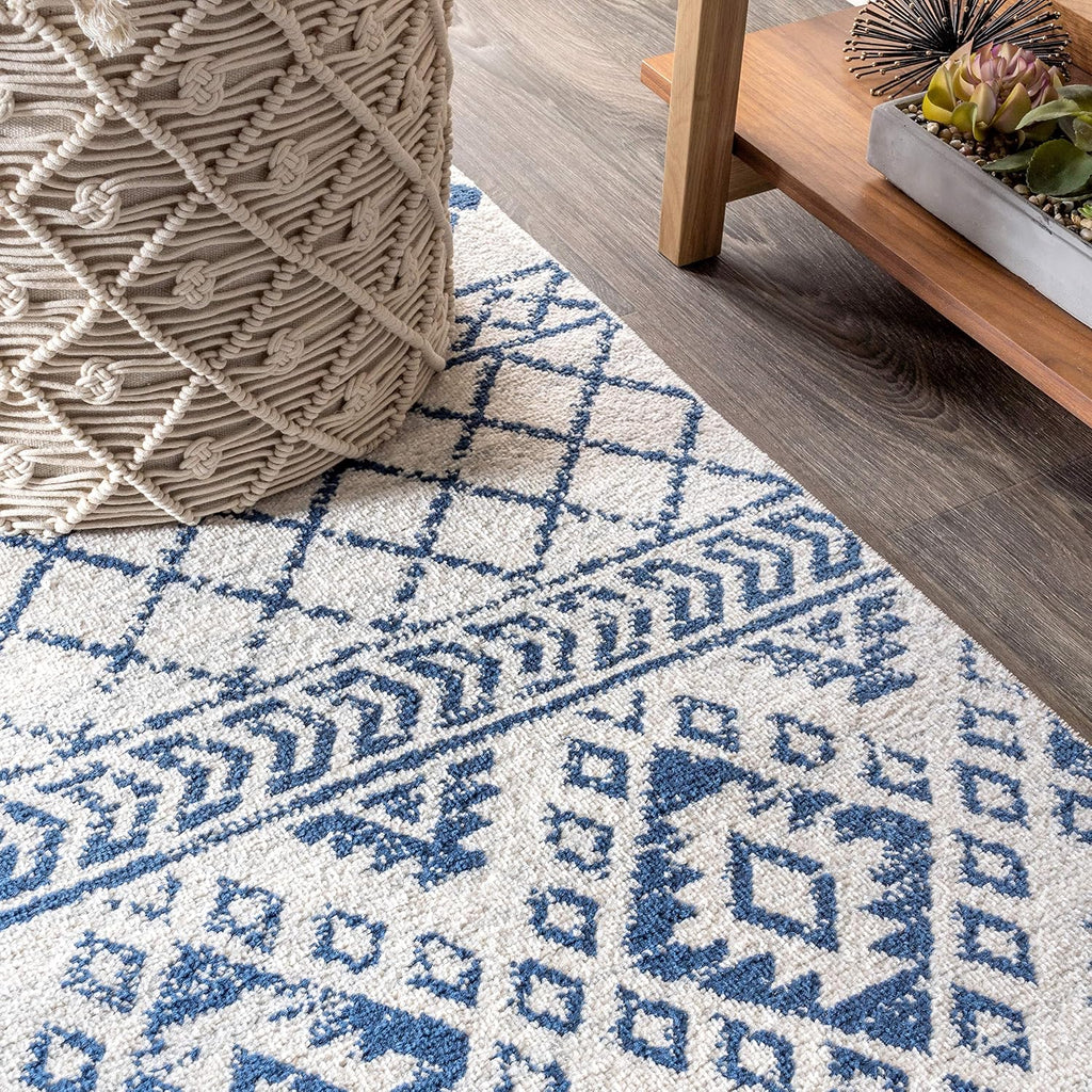 Moroccan Hype Boho Vintage Tribal Cream/Blue Indoor Area Rug, Bohemian, Vintage, Easy-Cleaning, Pet Friendly