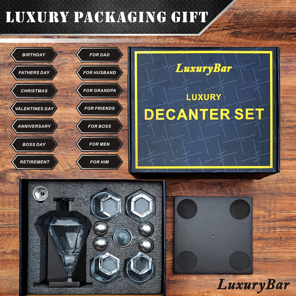 Diamond Whiskey Decanter Set 4 ChillBall Glasses&Tray Decanter Sets for Men - Set of 12