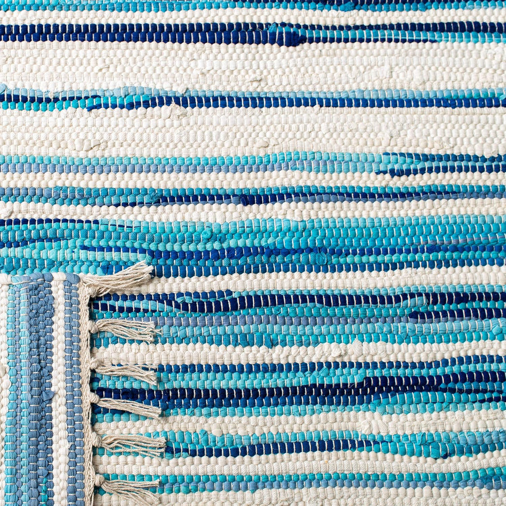 Area Rug 8x10 - Rag Collection - Large - Ivory & Blue, Handmade Cotton, Boho Stripe Pattern, Ideal, Dining Space